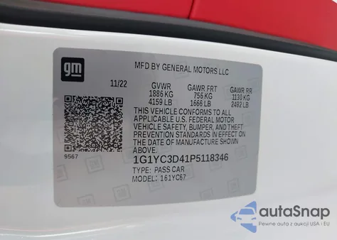 2023 Chevrolet Corvette Rwd 3Lt z USA, uszkodzony, nr VIN 1G1YC3D41P5118346